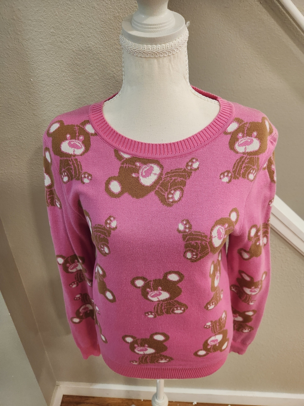 Women's Pink Bear-Print Crewneck Sweater
